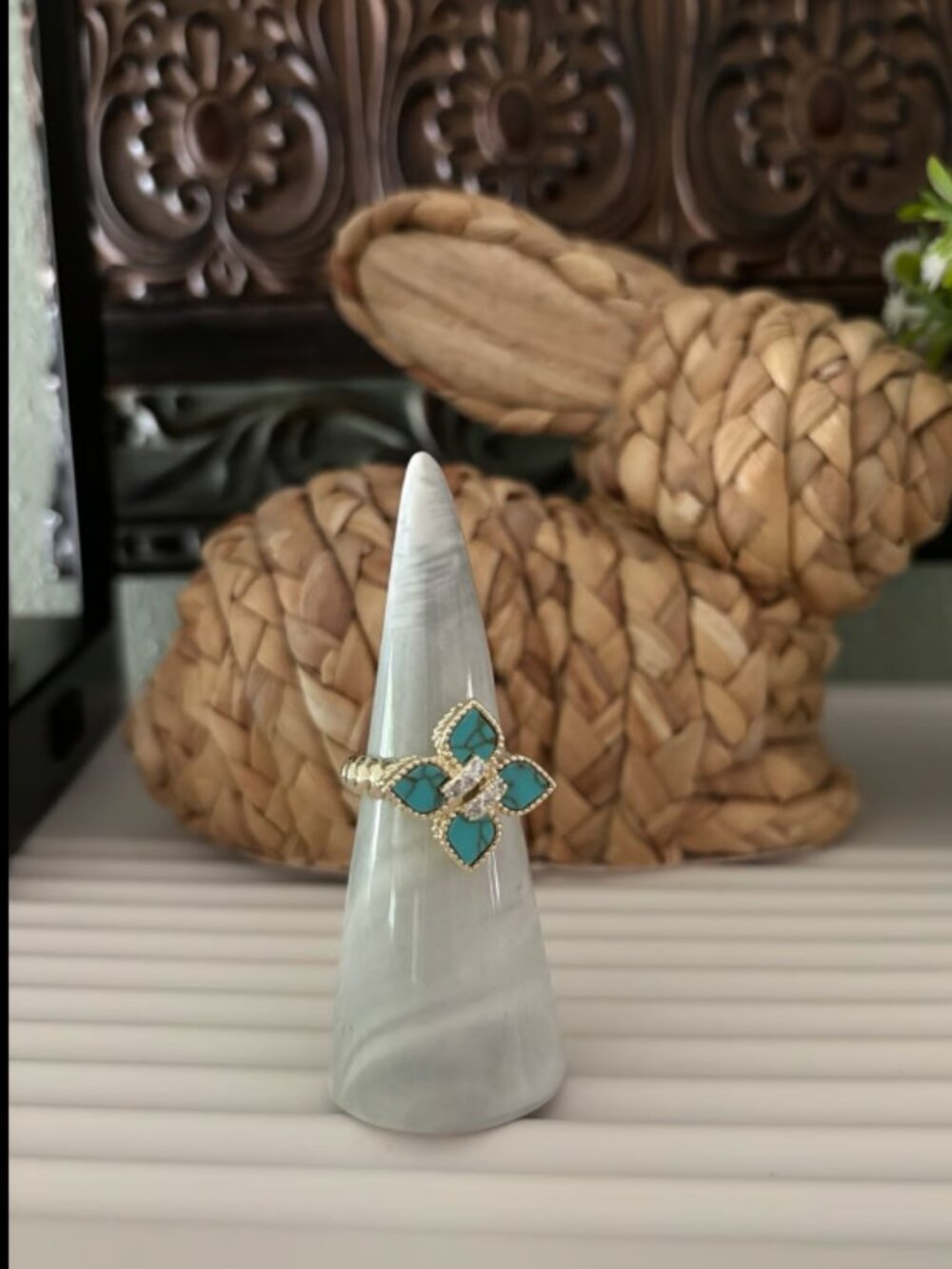 Turquoise and CZ Clover on Gold Ring